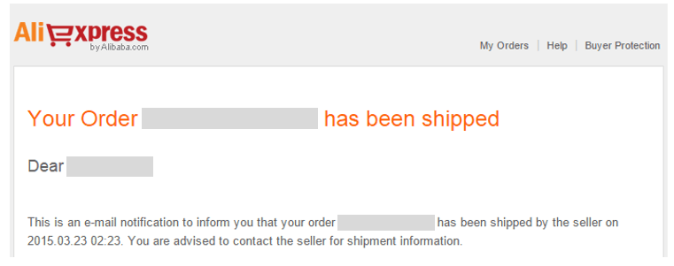 Example order shipped email