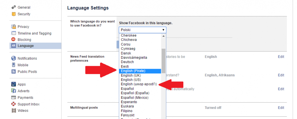 Facebook Language Options