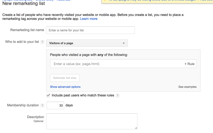 how to create Google remarketing lists