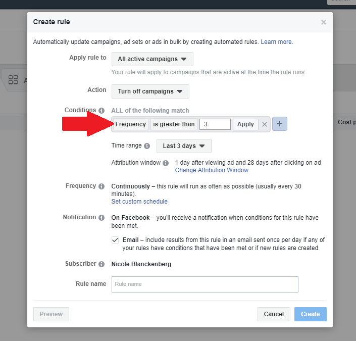 Facebook automated rules for frequency