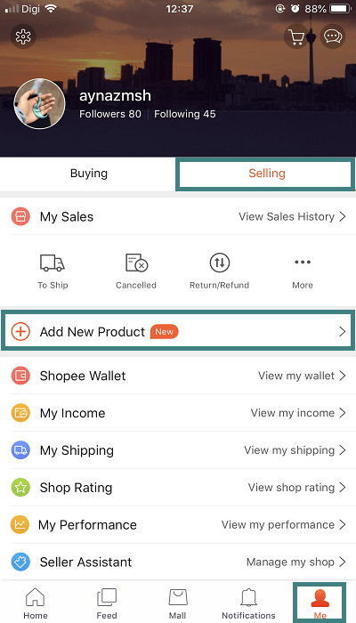 Shopee app to sell products 