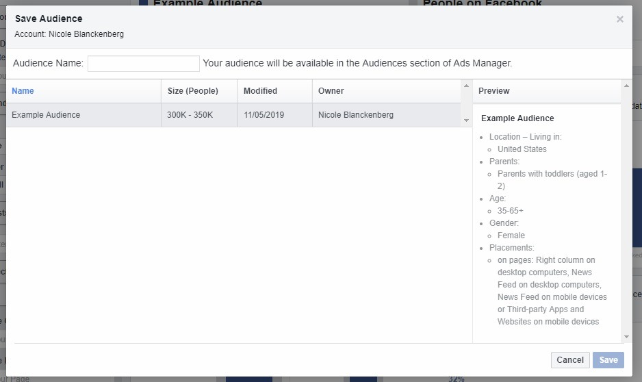 save audience in Facebook audience insights