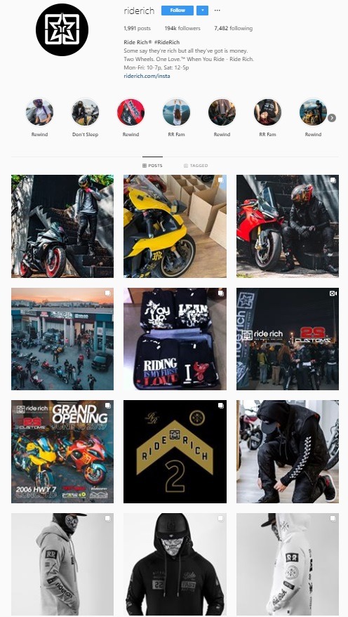 ride rich instagram account example ecommerce