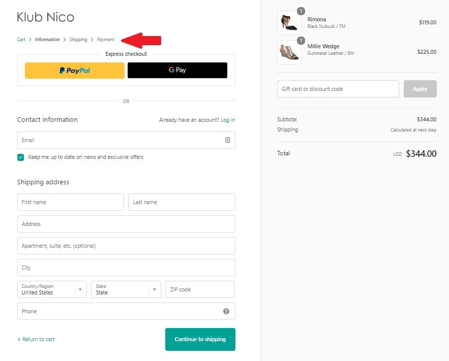 Klub nico optimized eCommerce checkout example 222