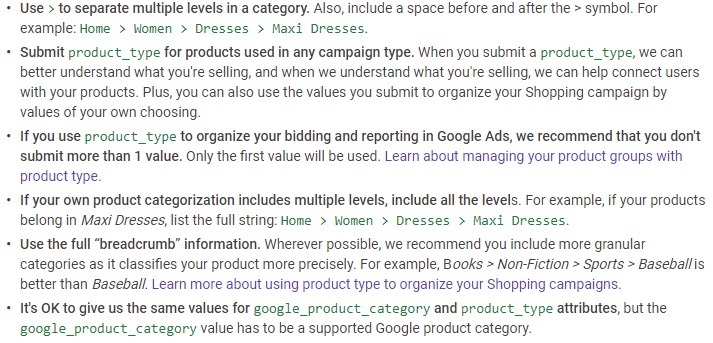best practices for product feed product types