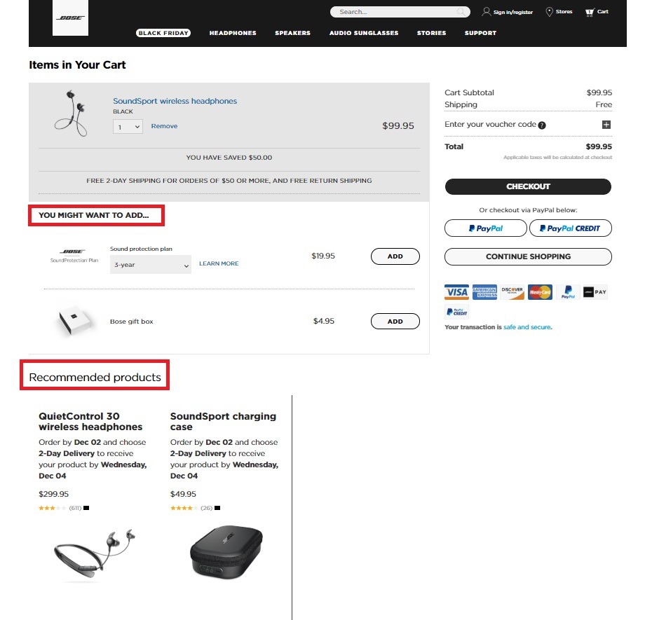 Bose example of upselling in cart
