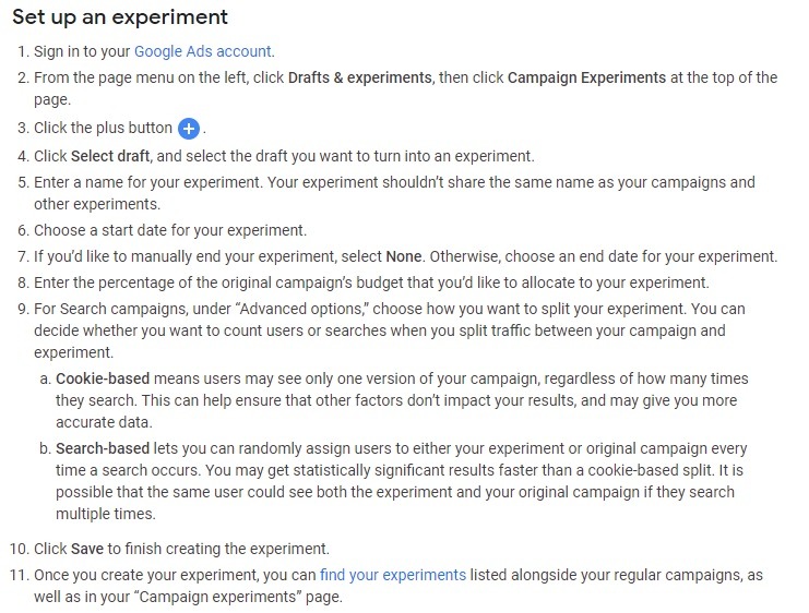 how to set up an experiment google campaign