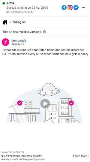 Lemonade facebook video ad example