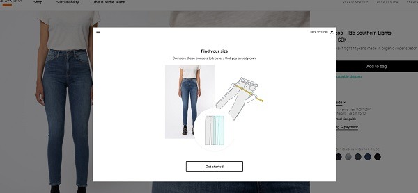 nude jeans eCommerce size guide example