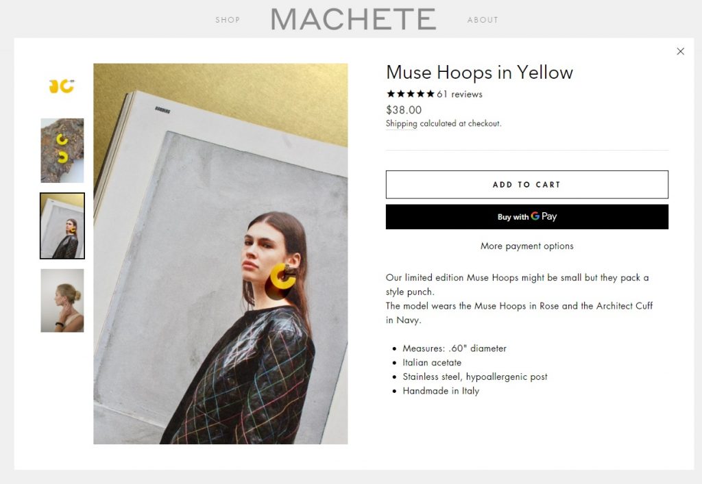 machete online jewelry store product page example
