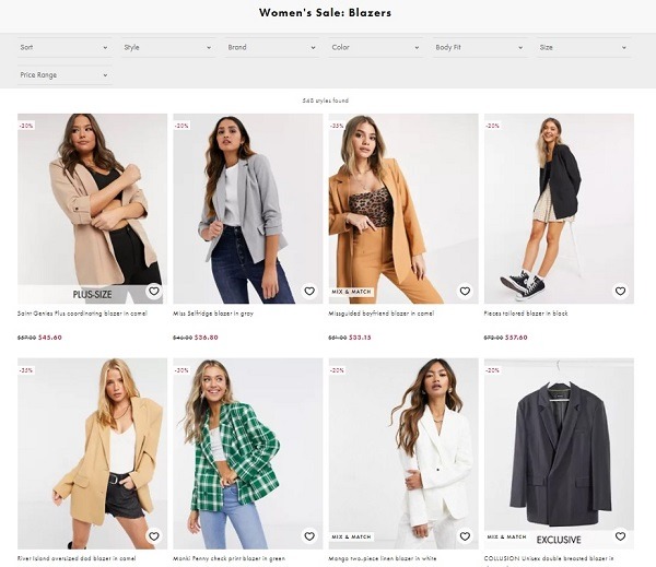 ecommerce apparel store example ASOS blazers