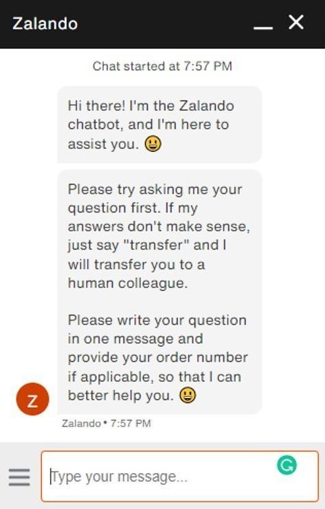 Zalando chatbot example