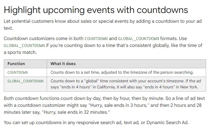 countdown settings for google ads